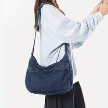 Bolso bandolera de mezclilla con cremallera y correa ajustable para el hombro, de moda, para mujeres y niñas, uso diario. - Azul oscuro - Ver 5