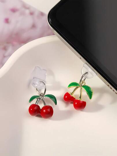 New Palace Style Alloy Drip Oil 3D Red Cherry Mobile Phone Dust Plug Pendant Accessory, Compatible With Iphone, Type-C Android Phones, Earphone Case Charging Port Dust Plug