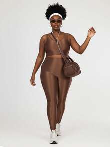 Plus Size Women's Ribbed Fitness Set Gym Top And Shiny Sports Leggings - Rust Brown - View 5