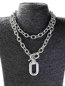 1pc Minimalist Fashionable Metal Silver Chain Creative Chunky Multilayer Necklace, Suitable For Party And Daily Wear - Silver - View 2