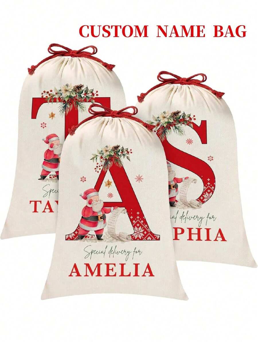 1 buc. Sac de Crăciun cu inițiale de Moș Crăciun, Pungă de cadou de Crăciun personalizată, Pungă mare de cadou de Crăciun din pânză cu șnur, Pungă cu șnur cu monograma, Sac de Crăciun cu inițiale de Moș Crăciun cu monogramă personalizată, Pungă de cadou de Crăciun mare reutilizabilă din pânză cu Moș Crăciun, cadouri pentru petreceri de Crăciun de Anul Nou, pentru depozitarea pachetelor de Crăciun