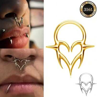 1PC 316L Stainless Steel Unique Shaped Hinge Nose Septum Ring Heart Spike Nose Ring - Gothic Punk Style - Suitable For Nose/Cartilage Earlobe Piercing