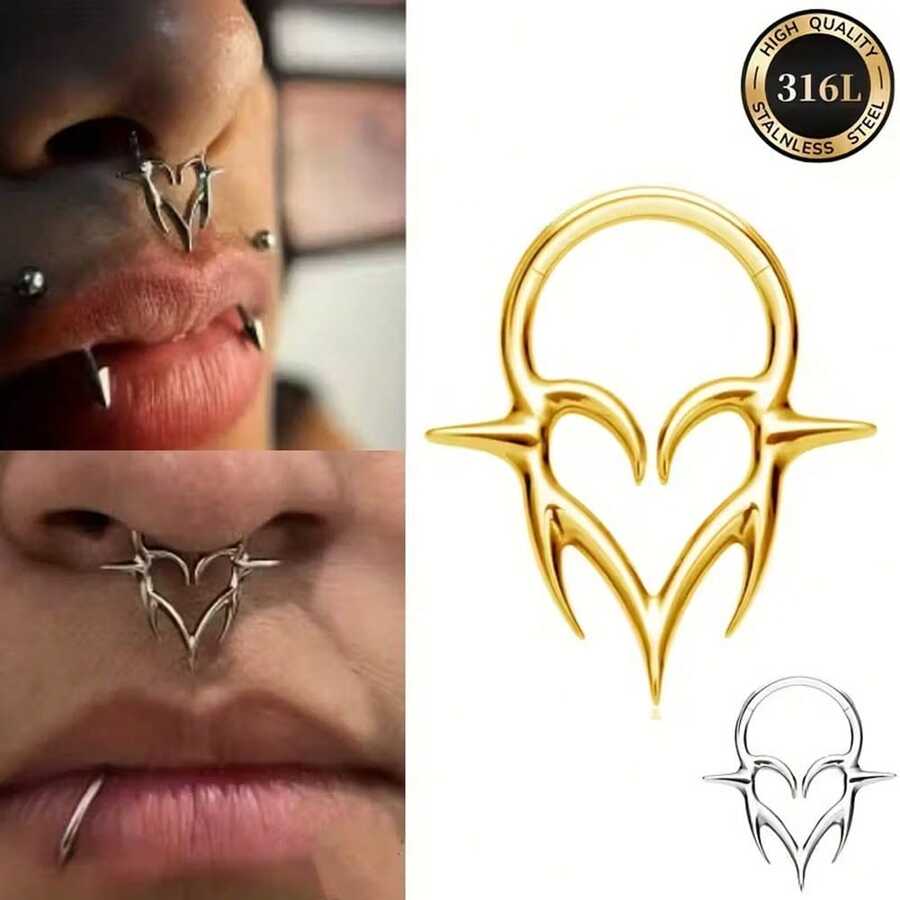 1pc 316L Stainless Steel Unique Hinged Nose Ring With Heart-Shaped Spike, Gothic Punk Style, Suitable For Nose/Ear Cartilage Piercing - Heart - View 1