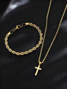 Set de 2 piezas de pulsera y collar de acero inoxidable trenzado, set de joyería con elemento de cruz, accesorios de moda minimalistas para uso diario, set de joyería versátil para hombres