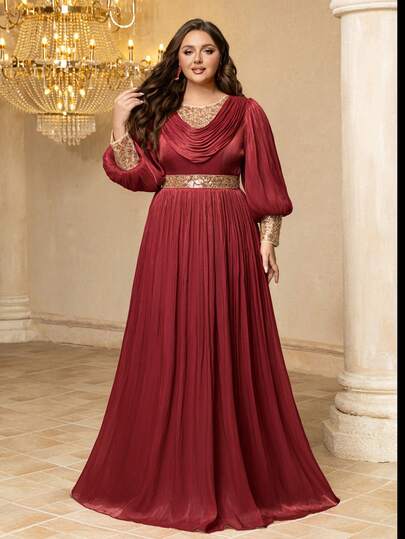 UNITHORSE UNITHORSE Plus Women's Round-Neck Lantern Sleeve Imitation Photocell Patchwork Sequins Slim-Fitting Maxi Evening Dress Bridesmaid Dresses Party Dresses Bridal Dresses Graduation Dresses