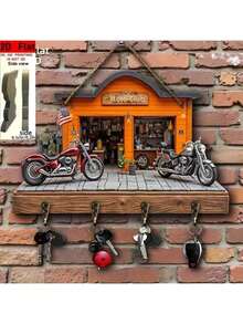2D Flat, 1pc Christmas Motorcycle Garage Theme Decorative Wooden Multi-Function Key Hook With 4 Metal Hooks, Wall Decor, Porch Decor, Room Decor, Villa Decor, Home Decor For All Seasons