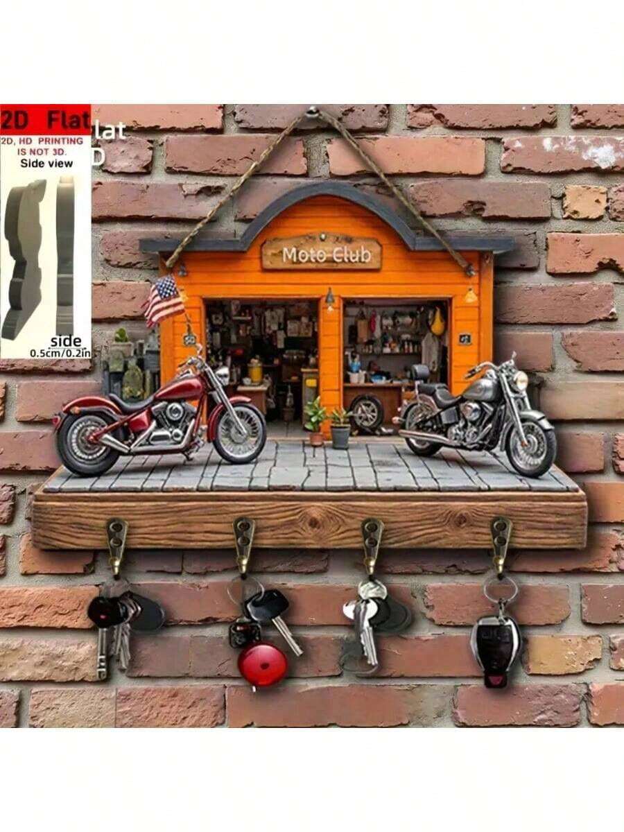 2D Flat, 1pc Christmas Motorcycle Garage Theme Decorative Wooden Multi-Function Key Hook With 4 Metal Hooks, Wall Decor, Porch Decor, Room Decor, Villa Decor, Home Decor For All Seasons