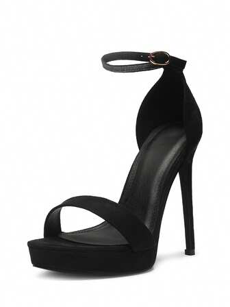 Women's Heeled Sandals With Buckle Strap In Black Microfiber - Size US 5-10 / UK 3-8 / EU 36-41 - Heel Height 5" / 12.5cm - Ladies Platform High Heel Summer Sandals For Parties, Weddings & Special Events - Stylish Open-Toe Design With Secure Buckle Closure