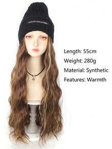 White Hat With Long Curly Hair Extensions; Knitted Cotton Hat; Warm Ski Hat For Autumn And Winter