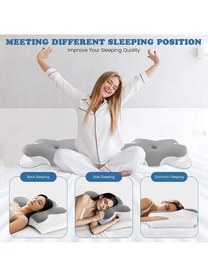 Memory Foam Pillow, Neck Support Ergonomic Kussen Side, Back Stomach Sleepers, Contoured Bed Breathable Cover, White/Grey view 7
