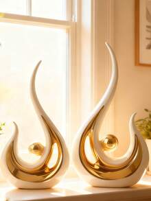 2 piezas de figuras decorativas de cerámica blanca y dorada, decoración de dormitorio en negro y dorado, estatuas de arte moderno abstracto de cerámica, adecuadas para sala de estar, oficina, comedor, decoración de mesa de comedor en negro y dorado