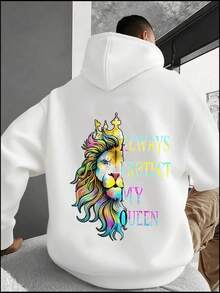 1PC Men's & Women's Matching Couple's Hooded Sweater  - ALWAYS PROTECT MY QUEEN / ALWAYS TRUST MY KING Loose Fit Long Sleeve Pullover With Pockets, Cozy Casual Winter Sweater For Couples, Machine Washable Matching Outfits For Valentine's Day Gifts - 男款白色 - 查看 2