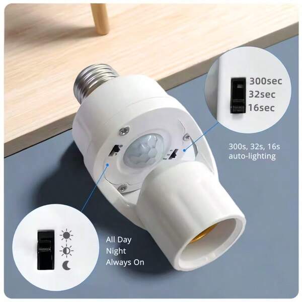 Base de lámpara con sensor de movimiento E27, interruptor de retardo ajustable, se enciende cuando se acerca la gente, base blanca, fácil instalación, adecuado para uso doméstico, sin batería requerida Adaptador de accesorio de iluminación