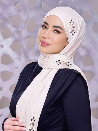 1 Stück Damen gestrickter elastischer Jersey-Stoff, gerippter Stoff, Strass-Perlen-Muslimischer Hidschab-Schal für Kleider