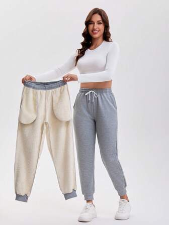 Damtjocka, termofodrade mjukisbyxor - Enfärgade, Höst/Vinter, Stickat tyg, Normal passform, Resår i midjan med dragsko, Lämpliga för löpning och vardagsbruk