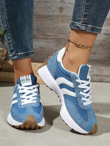 Women's Spring/Autumn White Sneakers, Low-Top, Lightweight, Non-Slip, Wear-Resistant, Low Heel, Round Toe, Breathable, Comfortable Lace-Up Casual Outdoor Sports Shoes - Dusty Blue - View 4