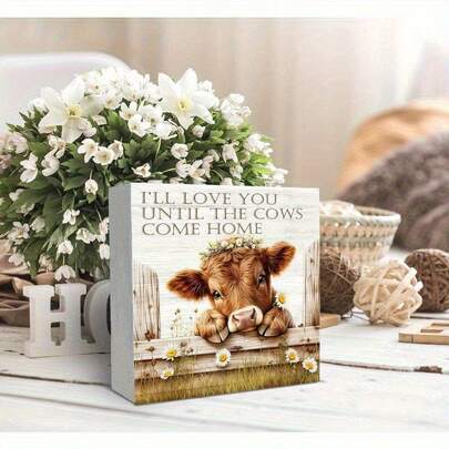 Piece Of Farmhouse Style West Highland Cow Wooden Box Sign "Love You Till The Cows Come Home" 5x5 Inches Antique Faux Wooden Floral Wreath With Daisy Design, Country Kitchen Shelf Tabletop Decoration, Housewarming Gift