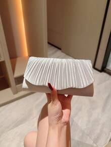 1 pieza Bolso de embrague de fiesta formal con diseño de satén plisado clásico, bolso de novia romántico para boda, bolso sobre con solapa y cadena - Plateado - Ver 7
