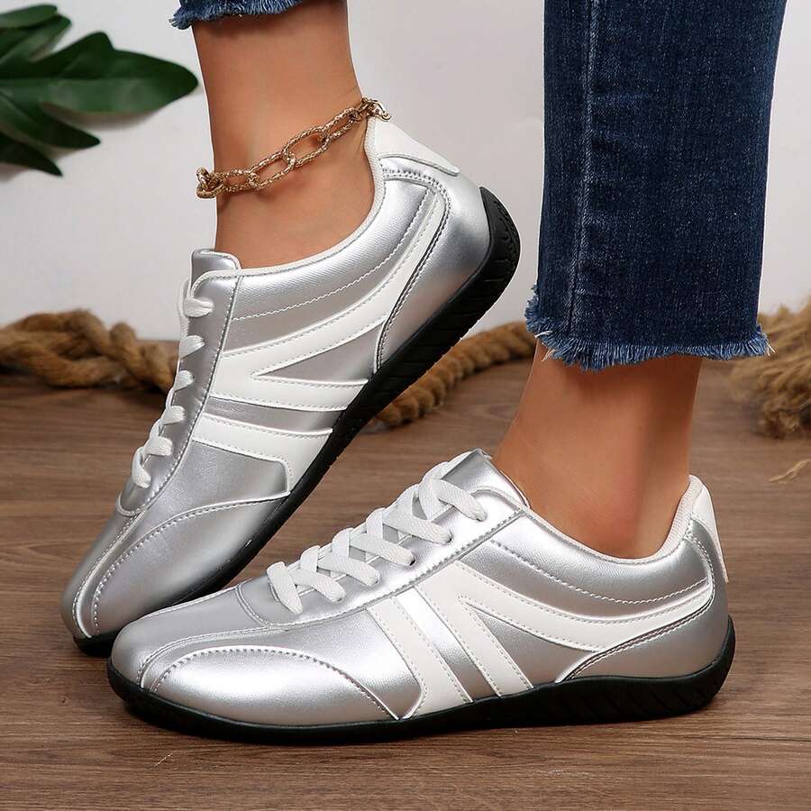 Women Classic Retro Gum Sole Fashion Sneakers Chunky Shoes For Outdoor Office Work Walking Travel Sport Tennis Shoes Four Season - 銀色 - 查看 1