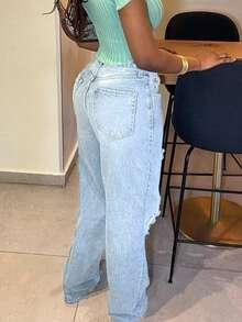 Women's Mid-Rise Light Wash Ripped Straight Leg Jeans, Loose Fit, With Pockets, Essential For Daily Casual, Commute, Holiday Vacation And Dating - Rửa nhẹ - Xem 3