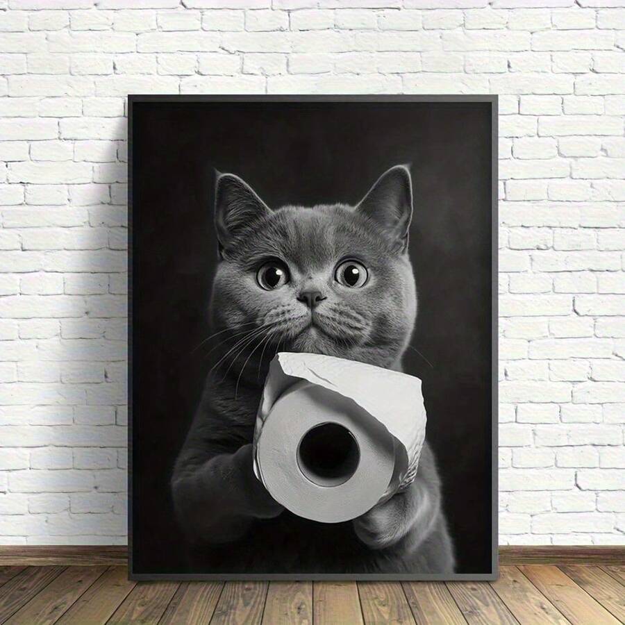 2D 平面，1 件 12 英寸 X 16 英寸无框英国短毛猫拿着卫生纸帆布墙艺术印刷品 - 黑白异想天开的动物装饰，适用于浴室、卧室、客厅 - 现代波西米亚风格家居和办公室装饰，俏皮的设计，耐用的艺术品，送给猫主人的礼物，2D 平面 - 彩色 - 查看 1