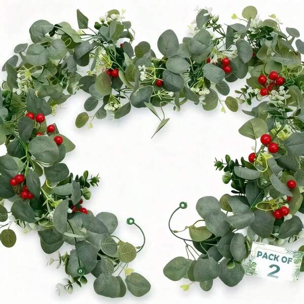 OLSPLORE 2 künstliche Eukalyptus-Beerenkränze mit realistischen grünen Blättern und roten Beeren, Weihnachtsdekoration, wartungsfreie Plastikkränze, geeignet für Hochzeiten, Zuhause, Außenterrassen, Esszimmertische und Feiertags-Dekoration