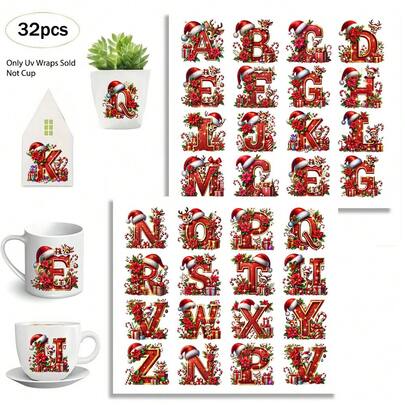 Bộ 32 miếng dán chữ cái hình tuần lộc Giáng sinh, chống nước và chống trầy xước, chất liệu vinyl UV DTF, với họa tiết bông tuyết, mũ ông già Noel, màu đỏ và xanh lá cây rực rỡ, thích hợp trang trí thủ công, dán lên cốc, chai, máy tính xách tay, nhà cửa, tường Giáng sinh, có thể tháo rời, phụ kiện trang trí ngày lễ, thiết kế đồ họa trang trí Giáng sinh, lý tưởng cho mùa Giáng sinh.