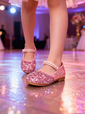 [Pearl Powder Diamond Princess] Faux Leather Girls' Princess Shoes, Fashionable Pearl & Diamond Decor, Comfortable Sole, Easy To Wear Design, Suitable For Performance, School, Party And Casual Outdoor Activities, Spring/Autumn