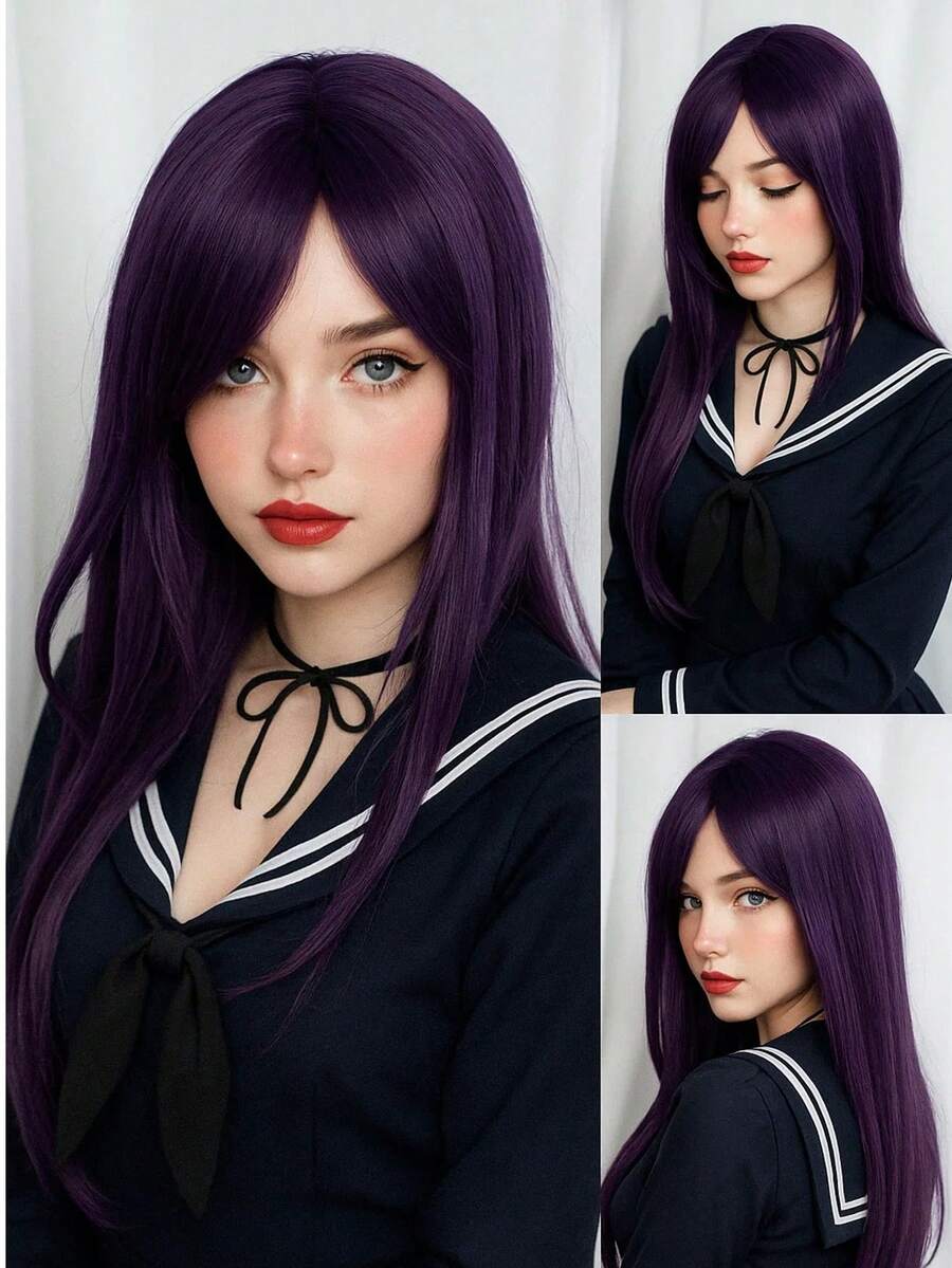 Purple Hair Heat Resistant Chemical Fiber Wigs Daily Wear Women Wigs Sweet Cute Wigs Prom Party Wigs Natural Hair - 紫色 - 查看 1