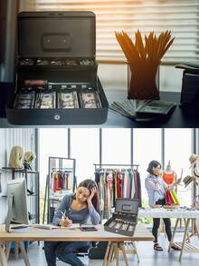 Key And Lock , Cash Register With 4 Bill Trays And 5 Coin Compartments,  For Storing Cash - 黑色 - 查看 2