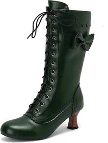 LUXMAX Women Gothic Victorian Boots Low Kitten Heel Mid Calf Boots Lace Up Cute Bow Boots For Ladies Witch ShoesChristmas - Z-深綠色 - 查看 10