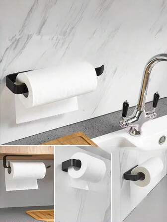 1pc Space-Saving Self-Adhesive Wall-Mounted Tissue Holder - No-Drill Dual-Use Kitchen & Bathroom Organizer For Paper Rolls & Hand Towels, Durable Plastic In Black & White, Bathroom Organizers And Storag