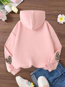 Teen Girl Leopard Print Heart Graphic Sweatshirt, Casual Hooded Long Sleeve Street Style Sweatshirt, Back To School, Daily Casual Fashion - Pink - View 3