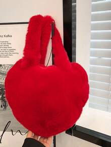 1pc Fluffy Heart Shaped Large Shoulder Bag, Zipper Closure, Handheld Or Shoulder Strap, Suitable For Vacation, Daily Shopping, Gift For Mom, Autumn/Winter