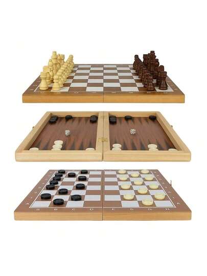 Jogo Xadrez Damas Gamão Tabuleiro De Madeira Estojo 3 Em 1 24x24