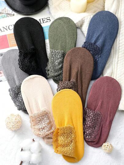 6 paires de chaussettes à volants en dentelle pour femmes, chaussettes montantes - chaussettes en dentelle chaudes et épaisses, chaussettes légères et invisibles pour bateau, automne, hiver