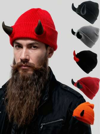 Men's Devil Horn Knitted Beanie - Multiple Colors Cool Gothic Punk Style Warm Winter Skull Cap For Halloween, Festival & Street Fashion Looks
