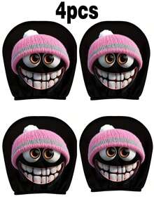 [Fun And Playful Pink Hat With Smiling Face And Big Eyes Print]1pc/2pcs Car Headrest Covers, Suitable For All Seasons, Easy To Clean And Fade-Resistant, Polyester Material, Universal Fit For Car Interior Decoration, Perfect Choice For Travel/Daily Commute, Halloween/Christmas/Thanksgiving