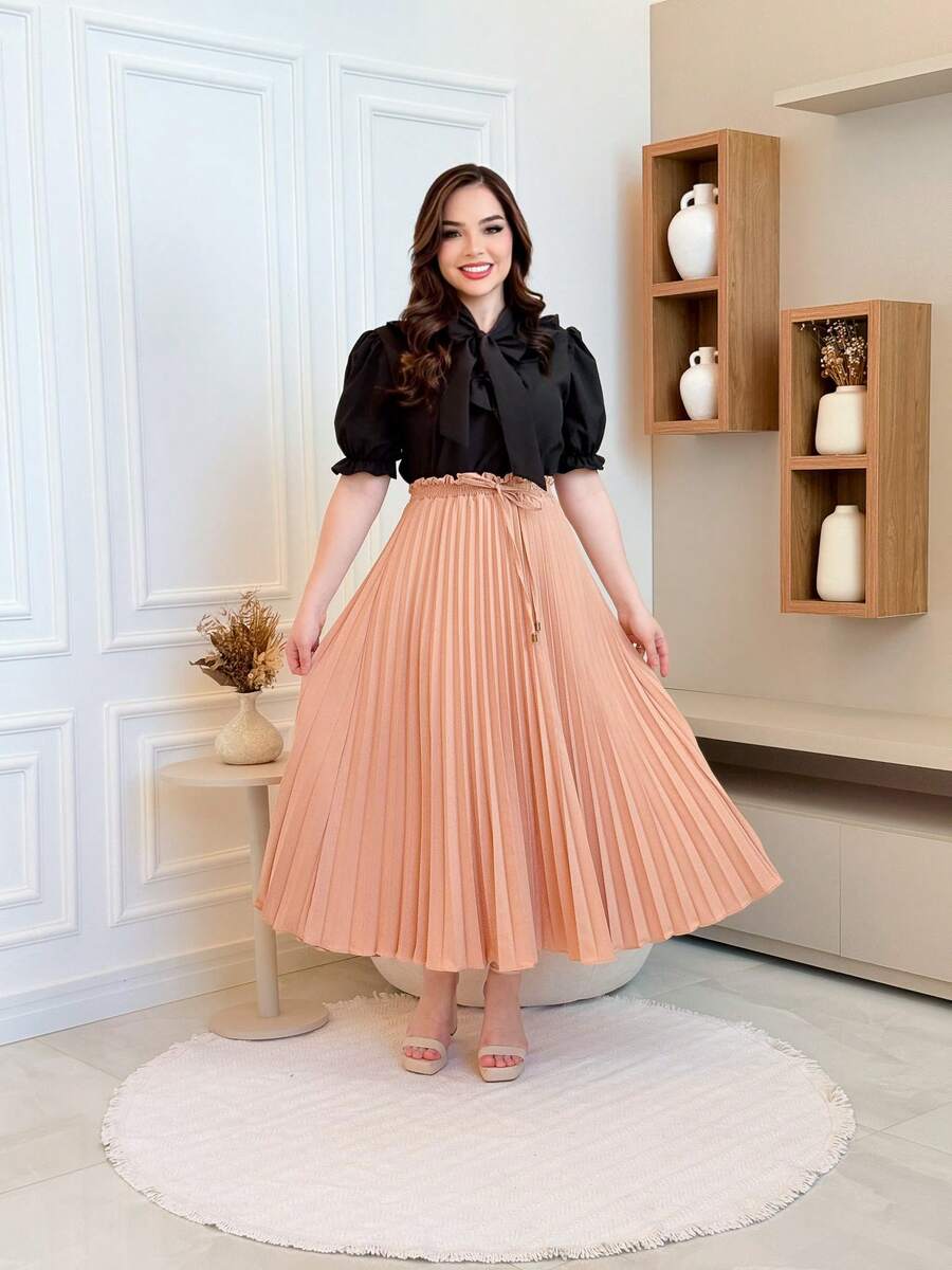 Pleated Skirt With Elastic At The Waist - Apricot - View 1