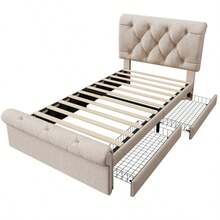 Single Upholstered Bed 90x200cm, Bed Frame With 2 Drawers And Height-Adjustable Headboard, Chesterfield Functional Bed, Natural, Without Mattress - Natural + Metal & Wood + 90cm*200cm - View 6