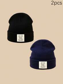 1/2/3pcs Unisex Line Bear Print Knit Beanie Hat, Soft Warm Casual Outdoor Fashion Headwear, Suitable For Daily Wear