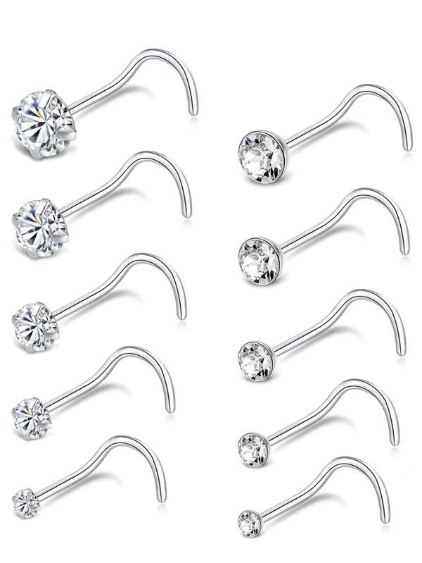 10 Pcs Multi-Piece Fashion Minimalist Silver-Toned Cubic Zirconia Inlaid Multiple Styles (Straight Bar, L Bar, S Bar) & Sizes Nose Ring Set Unisex For Daily & Festival Celebration