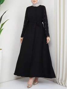 Elegant Black Long Sleeve Robe, Round Neck, Rhinestone & Pearl Decor, Zipper Waist Belt Cardigan, Women's Long Woven Fabric Jalabiya, Abaya