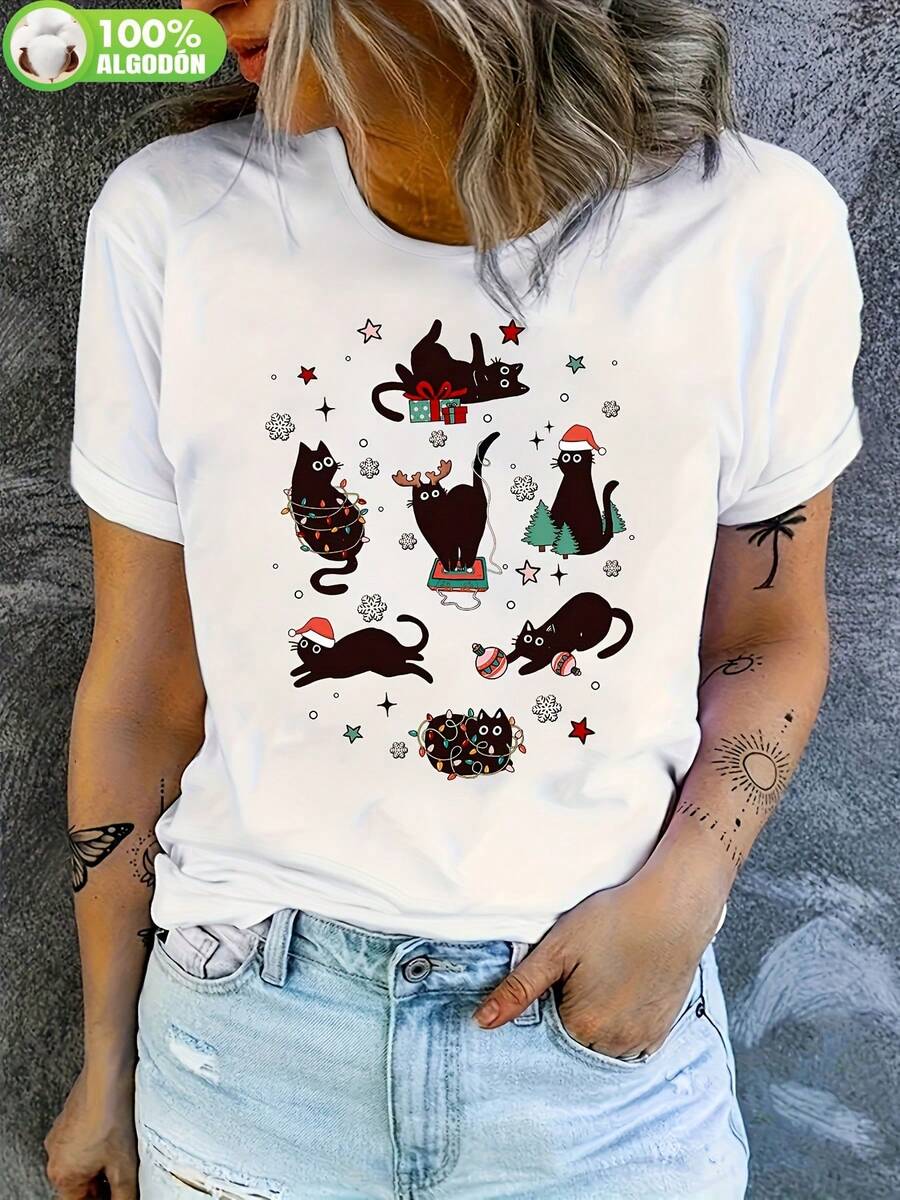 Camiseta-casual-de-manga-corta-con-estampado-gráfico-de-gatos-negros-deños,-cuello-redondo-para-verano,-Ropa-de-mujer 100% algodón