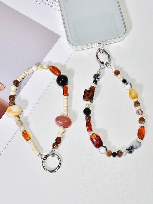 1pc Autumn & Winter Style Chinese Retro Sea Salt Amber Mobile Phone Case Hand Wrist Chain, Handmade Leopard Print Polka Dot Smart Phone Bracelet, CCD Camera Bag & Car Key Czech Glass Beaded Lanyard Pendant