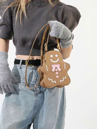 Bolso bandolera para mujer con diseño de hombre de jengibre - Cara sonriente y lazo en forma de corazón, cierre con cremallera, herrajes en tono dorado, bolso compacto de uso diario con correa desmontable - Regalo divertido para Navidad, cumpleaños y fiestas