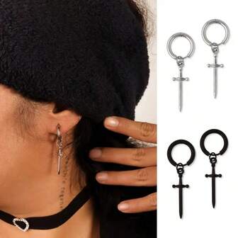 1 Pair Fashionable Men's Stainless Steel Sword Pendant Earrings, Seamless Hoop Earrings Suitable For Daily Wear And Parties