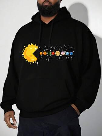 1pc Unisex Plus Size Hooded Sweatshirt, Black, Thermal Lined, Thick, Brand Creative Graphic, Suitable For Casual, Sports, Outdoor Wear In Autumn/Winter