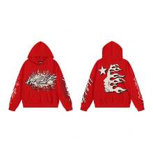 Hoodie, Retro Letter Print Hoodie, Men's Streetwear Long-Sleeve Hooded Sweatshirt, Couple Matching Outfit Sweatshirts - H503紅色 - 查看 4
