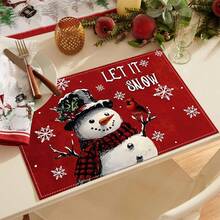 (¡¡¡Caliente!!!) 1/4/6 piezas Manteles individuales de lino rojo con escena navideña, decoración de mesa de cocina familiar de estilo rústico para Navidad y vacaciones de invierno.